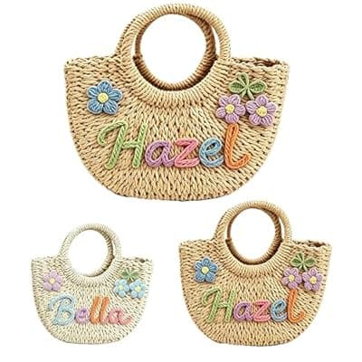 [KEQHAULI] KEQHAULI Custom Straw Beach Bag for Women, Bridesmaid Beach Bag with Name, Handheld Woven Tote for Wedding Party Gifts, Personalized Flower Girl Basket, Summer Vacation Cruise Essential