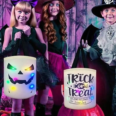 [CUNGLIN] Halloween Trick or Treat Bags Candy Bucket, Upgraded Light Up Ghost Basket Decoration Multipurpose Reusable Goody Sweet Buckets for Scary Night Party Supplies Favors Festival Decor Gifts 1 Pack
