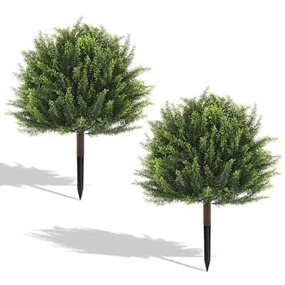 [YUNZEYOYT] 24" Artificial Plants Topiary Cedar Tree Outdoor, UV Resistant Lifelike Faux Potted Plant with Ground Spike for Patio Garden Decoration, No Maintenance Greenery for Balcony, Shade or Poolside