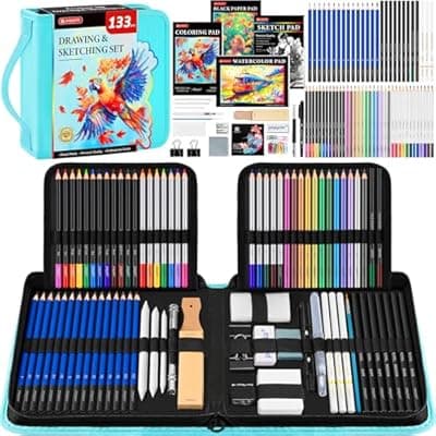 [POPYOLA] 133 Pack Art Supplies Sketching Kit with Sketch Book, Coloring Book, Watercolor Pad, Black Paper Pad, Tutorial, Graphite Colored Charcoal Watercolor & Metallic Pencils for Artists Beginners Adults