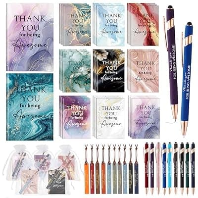 [Qilery] Qilery 50 Set Employee Appreciation Gift Bulk Mini Notebook Ballpoint Pen Leather Bookmark Drawstring Pocket Thank You Gift for Teacher Staff Assistant Coworker Social Worker