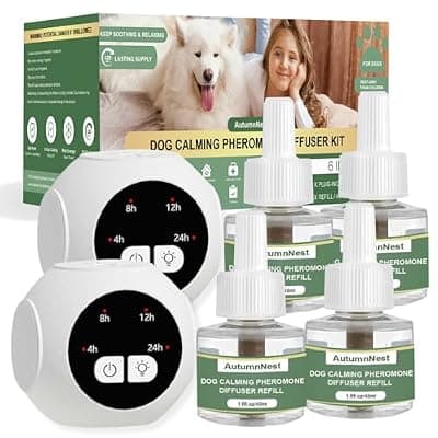 [AutumnNest] Dog Calming Pheromone Diffuser Kit with Timer – 2 Plug-Ins + 4 Refills – Smart 4-Level Timing Calming Aid – Stress Relief for Dogs – Help with Anxiety, Barking, Fighting, Thunder, Travel, Vet Visits