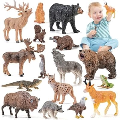 [THINKBAY] THINKBAY North American Animals Figurines Toys, 16PCS Realistic Safari Animals Figures & 67PCS 20" Large Woodland Jigsaw Puzzles Toys for Preschool Kids Toddlers, Ideal Gift for Toddler