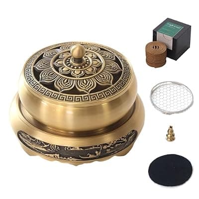 [YinMiLore] Brass Incense Burner Set, Vintage Incense Holder, Lotus Incense Tray for Cone, Coil and Stick Incense, Zen Meditation Yoga Spa, Healing Relaxing Oriental Censer Gift Set for Home Indoor Decor