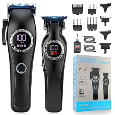 [QREEYX] Qreeyx Professional Hair Clippers for Men, 2-in-1 Clipper and Trimmer Set with 7200RPM Motor, Cordless Hair Cutting Kit with LED Display, Adjustable Length Beard Trimmer for Barbers or Home, Mens Gift