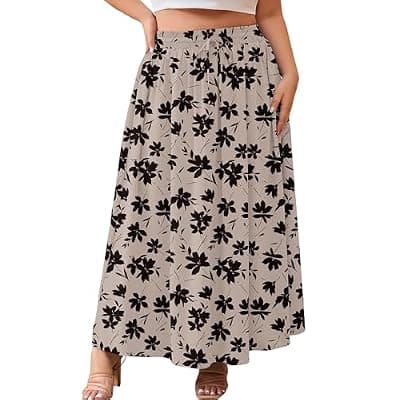 [AusLook] AusLook Plus Size Maxi Skirt for Women High Waisted Elastic Waist Flowy Long Skirt with Pockets Summer Casual Vacation 1X-5X