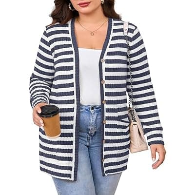 [AusLook] AusLook Plus Size Women Cardigan Long Sleeve Open Front Button Down Lightweight Casual Sweater with Pockets 1X-5X