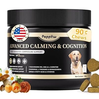 [POPPAW] POPPAW Advanced Calming Chews for Dogs-Brain & Composure Support with 7 Mushrooms, Ashwagandha, Omega-3 DHA & EPA, All Breeds & Sizes, Chicken Flavor, 90Ct