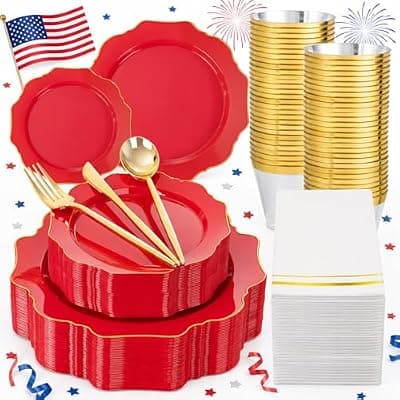 [WDF] WDF 175Pcs Red Plates - Red Plastic Plates with Gold Rim - Fancy Disposable Dinnerware Sets Ideal for Party/Wedding/Spring/4th of July/Memorial Day
