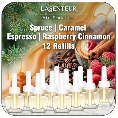 [LASENTEUR] Plug In Air Freshener Refills for Home, 12 Count 7.92 FL OZ, Spruce, Caramel, Espresso & Raspberry Cinnamon Summer Scents for Bathroom & Office, Bedroom, Compatible with Air Wick & Glade