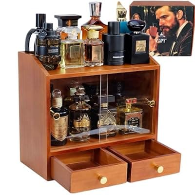 [SeLuM] Wooden Cologne Organizer for Men for Dresser Countertop – Dust-Proof Perfume Cabinet for Women, Big Cologne Case with Dual Drawer, Large Cologne Shelf – Gift Box Included - Walnut Brown