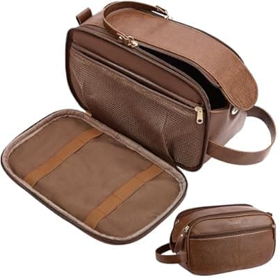 [Celvetch] Celvetch PU Leather Toiletry Bag for Men, Water Resistant Travel Toiletry Organizer for grooming, Shaving Bag for Toiletries Accessories, Bathroom Essentials - Brown