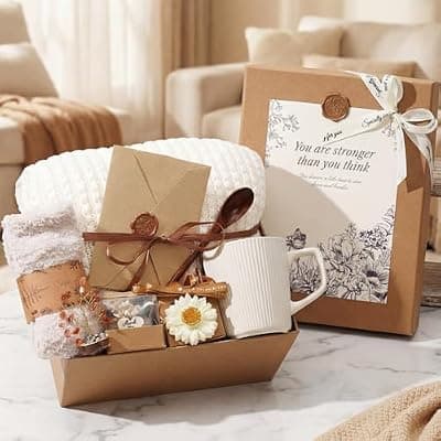 [YEERSWAG] Get Well Soon Gifts Baskets for Women, Thinking of You Gift Comfort Gifts with Healing Crystals Tree, Sympathy Gift Feel Better After Surgery Recovery Wellness Hug in a Box for Her Mom Friends, Beige