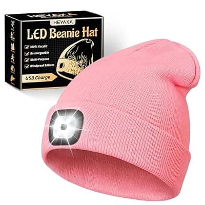 [HEYAXA] HEYAXA Unisex Rechargeable LED Camping Beanie Headlamp, Warm & Hands-Free Design,Dad Gifts for Husband, Dad, Birthday Gifts for Men, Dad, Father, Women, Him, Her, Pink