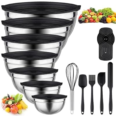 [Leidawn] Leidawn Mixing Bowls with Lids set - 25 PCS Stainless Steel Nesting Black Mixing Bowls Set for Baking, Mixing, Serving & Prepping, Size 5, 3.7, 2.8, 2.3, 1.7, 1.1, 0.7QT, 11 Cooking