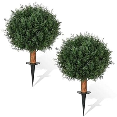 [JOZHENJU] Artificial Cedar Topiary Ball Trees with Ground Spike, 24.6 inches Tall UV-Resistant Fake Outdoor Plants Evergreen Shrubs, Realistic Faux Pine Bushes for Front Porch Home Patio Garden, Set of 2