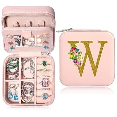 XIUQILAI Jewelry Box for Women, Jewelry Box, Jewelry Box for Birthday Gifts, Pink Small Travel Jewelry Earring Organizer Case-Initial W