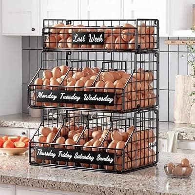 [FURMORENE] Egg Basket for Countertop, Egg Holder Countertop with 5 Dividers & Labels, 3 Tier Stackable Wire Storage Baskets to Keep Eggs Organized, Egg Organizer Decorative Rack for Kitchen & Home, Black