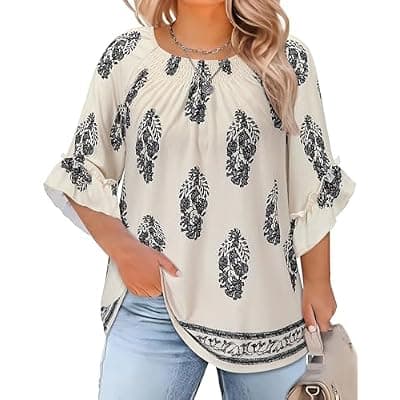 [Gzrsfz] Gzrsfz Womens Plus Size Tops 3/4 Ruffle Sleeve Crew Neck Blouse Boho Pleated Summer Tunic Vacation Office
