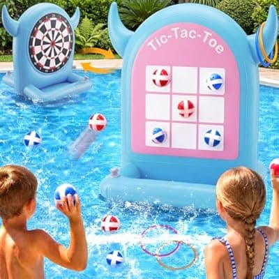 [Urqgnc] Pool Games Toys Set 3-in-1 Outdoor Water Toys with Throwing Balls & Ring Toss Inflatable Pool Toys for Kids Ages 4-8 Teens Adults Swimming Pool for Yard Beach Party Outdoor Games (Blue)