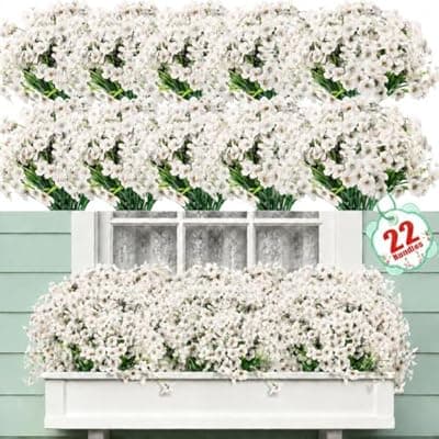 [Powbrace] 22 Pack Artificial Flowers Outdoor Fake Plants, Faux Flowers UV Resistant with Plastic Plants, Faux Silk Flowers for Outdoors Outside Front Porch Hanging Planter Window Box Garden Decoration(White)