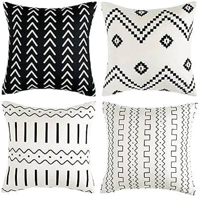 [WLNUI] WLNUI Set of 4 Boho Pillow Covers,18x18 Pillow Covers Modern Throw Pillow Covers Black Geometric Mudcloth Linen Neutral Decorative Pillow Covers for Sofa Couch Chair