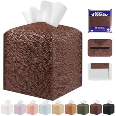 [PARIERIS] PARIERIS Tissue Box Cover Holder Square Tissue Cube Cover PU Leather Tissue Organizer with Bottom Belt for Bathroom, Tabletop, Car, Night Stands, Office, Home, Kitchen (1, CoffeeBrown)
