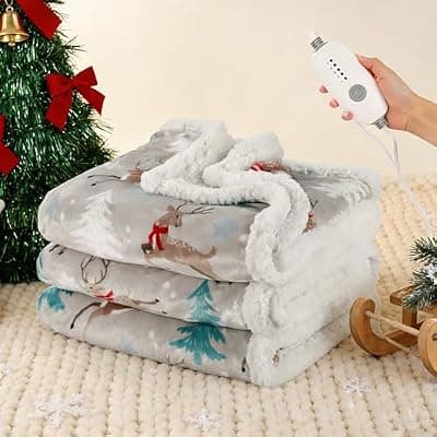 [TICOO] Electric Heated Blanket Full 72"x84" - 5 Heat & 10H Auto-Off, Microplush Flannel & Sherpa, Same Color Both Sides, Machine Washable, Overheat Protection, Gifts for Home/Bedroom/Sofa, Christmas Reindeer