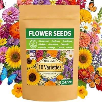[LUOJIBIE] 10 Varieties Flower Seeds in Individual Packs, 66,600+ Non-GMO Seeds Indoor Outdoor, Includes Zinnia Lavender Sunflower Marigold Cosmos Nasturtium Snapdragon Borage Yarrow Calendula, Wildflower Seeds