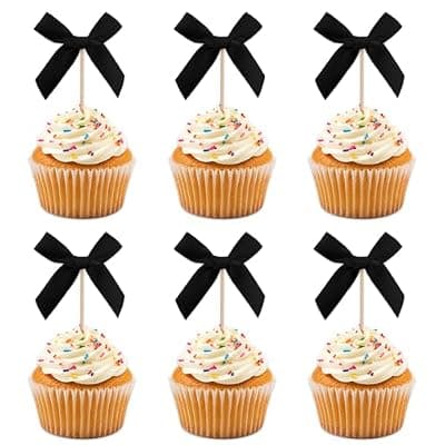 [Oeyliz] Oeyliz Black Bow Cupcake Toppers Bow Cake Topper Decorations 24 PCS Black Bows Cupcake Toppers Birthday Party Decorations Cake Bow Cupcake Topper for Baby Shower Birthday Wedding Bridal Party Supplies