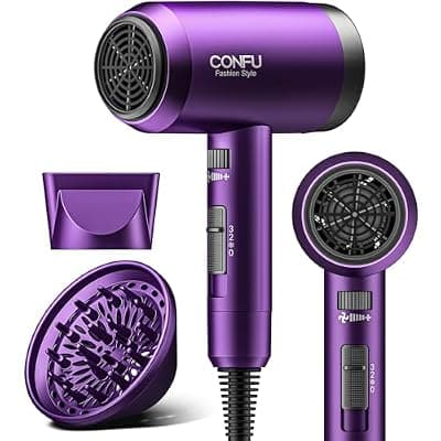 [CONFU] Hair Dryer with Diffuser, CONFU Ionic Blow Dryer 1600W, Portable Lightweight Fast Drying Negative Ion Hairdryer, 3 Heat Settings with Diffuser and Concentrator Nozzle for Home & Travel