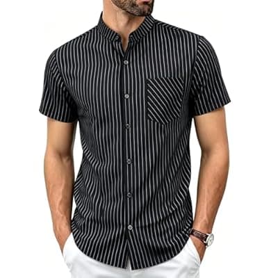 [BAYAMO] BAYAMO Men's Banded Collar Stripe Short Sleeve Button Down Shirt, Mandarin Collar Collarless Top