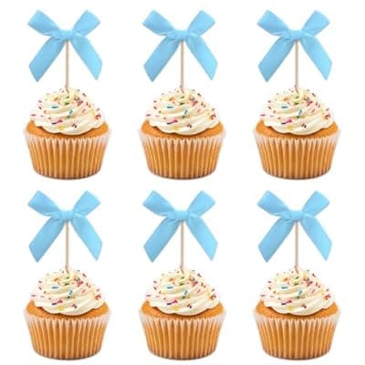 [Oeyliz] Oeyliz Blue Bow Cupcake Toppers Bow Cake Topper Decorations 24 PCS Blue Bows Cupcake Toppers Birthday Party Decorations Cake Bow Cupcake Topper for Baby Shower Birthday Wedding Bridal Party Supplies
