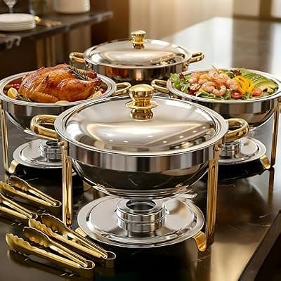 [ALSO GO] ALSO GO Round Chafing Dishes for Buffet with 4 Serving Tongs, 4 Pack 6QT Chafing Dishes Buffet Set, Golden Stainless Steel Catering Food Warmer for for Party, Gathering,Wedding