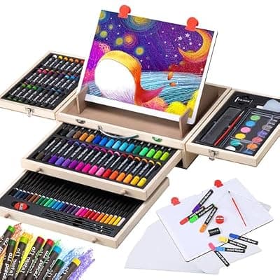 [VigorFun] Art Supplies, Wooden Art Set Crafts Kit with Drawing Easel, Deluxe Kids Art Set, Oil Pastels, Colored Pencils, Watercolor Cakes, Creative Gift for Kids, Teens, Beginners Girls Boys