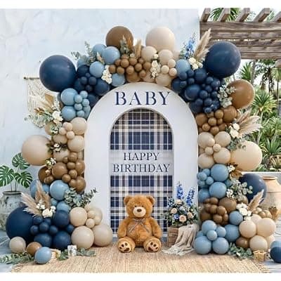 [Olamivra] Double Stuffed Navy Blue Brown Balloon Arch Garland Kit | Dusty Blue,Tan & Sand Beige latex Balloons for Bear Baby Shower/Gentlemen Birthday/Coastal Wedding/Summer Party