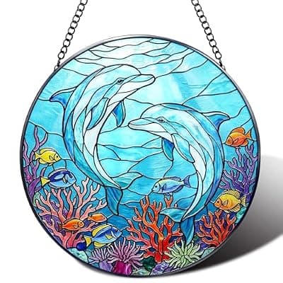 [YOJOB] Stained Glass Window Hanging,Blue Dolphins in the Ocean Suncatcher for Garden Home Decor,Animal Suncatcher Decor for Birthday Gifts for Women Wife Mom and Loves 7.8 in