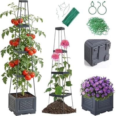 [Jesosia] Jesosia Tomato Planter Box with Trellis & Wheels - Mobile Raised Garden Bed with Tomato Cages for Climbing Plants - Tomato Trellis w/Rolling Planter Support for Flower Vegetable Vine Indoor Outdoor