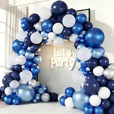 [AXXIIANG] Blue White Silver Balloon Garland Arch Kit, 143 Pieces Navy Light Metallic Blue Silver White Balloons for Wedding Bridal Shower Graduation Birthday Party Decorations
