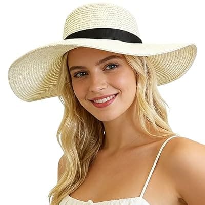 [Skdgih] Womens Wide Brim Straw Sun Hat UPF 50+ UV Protection Foldable Summer Beach Travel Hat