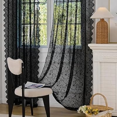 [Draphelle] Draphelle 2 Panels Vintage Lace Black Curtains 54x90 inches Long, Romantic Semi Sheer Floral Lacy Curtains for Living Room, Elegant Window Drapes for Bedroom