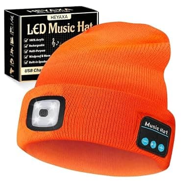 [HEYAXA] HEYAXA Bluetooth Beanie Hat, USB Rechargeable 4 LED Wireless Music Running Headlamp Cap, Dad Gifts for Husband, Dad, Birthday Gifts for Men, Dad, Father, Women, Him, Her, Orange