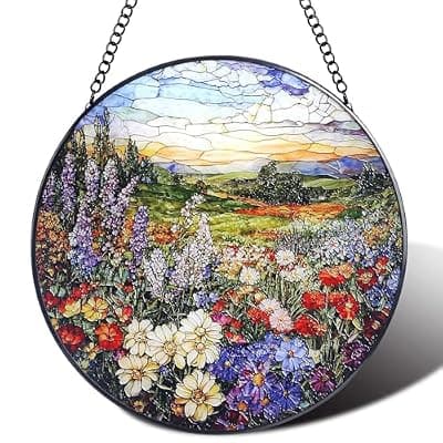 [YOJOB] Stained Glass Window Hanging,Colorful Wildflowers Plant Scenery Suncatcher for Window Door Home Decor,Plant Sun Catchers Decor Mother's Day Birthday Gifts for Women Wife Mom and Friend 7.8 in