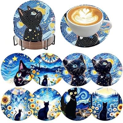 [Zythron] Zythron 8 PCS Diamond Art Coasters,Cat Diamond Painting Coasters Kits Starry Night Cat DIY with Holder DIY for Beginners, Adults, Diamond Art Kits for Adults Diamonds Art Crafts Supplies 4x4 in