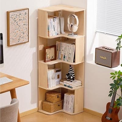 [Baveke] Baveke 5 Tier Coner Bookshelf, L-Shaped Bookcase for Living Room, Tall Narrow Storage Shelf Save Space, Open Shelves & FSC-Certified Solid Wood Etagere for Home Office, Easy-Assemble (Natural)