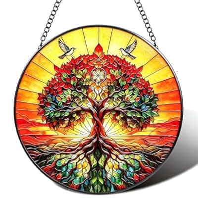 [YOJOB] Stained Glass Window Hanging, Tree of Life Sun Catchers for Door Home Decor, Suncatcher Decor Mother's Day Birthday Gifts for Women, Wife, Mom, and Friends 7.8 in