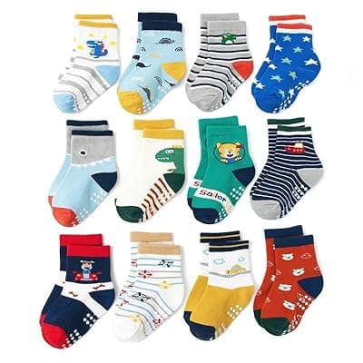 AIQIBAO 12 Pairs Anti Slip Socks With Grips, Funny Children Ankle Toddler Boys Girls Baby Socks for Ages 1-7