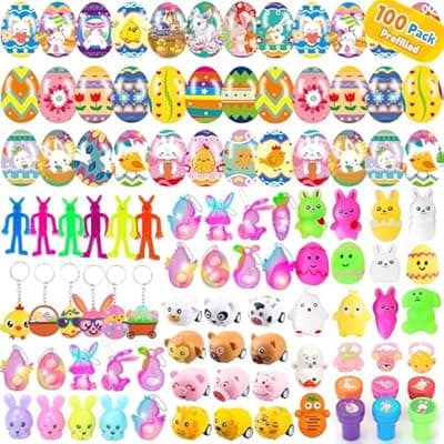 [PLOUGVI] PLOUGVI 100 Pcs Prefilled Easter Eggs with Toys, Filled with Toys Party Favors for Kids Boys Girls Easter Eggs Hunt, Basket Stuffers Fillers, Classroom Prize Supplies