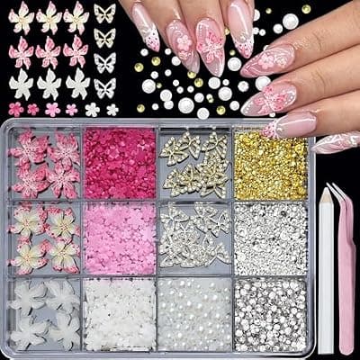 [YOSOMMK] YOSOMMK 3D Colorful Flower Nail Art Charms and Gems Adjustable Soft Acrylic Flower Nail Gems Gold Silver Butterfly Nails Charms with Pearls Rhinestones for Women Nails Design Decoration