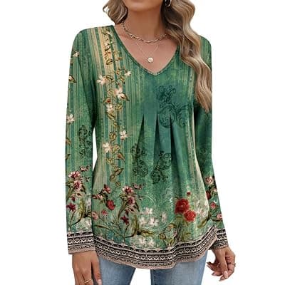 [Misakia] Misakia Women Long Sleeve Top V Neck Casual Shirt Loose Fit Fall Blouse Trendy Tunic Clothes 2025